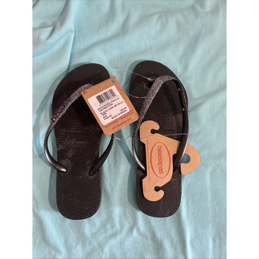 Havaianas Slim Black Dark Metallic Glitter Flip Flops Kids/Youth Size 3/4Y